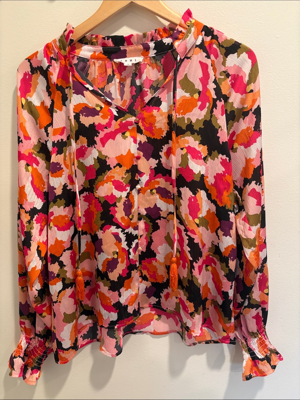 THML Pink Multi-Color Tie-Neck Floral Blouse